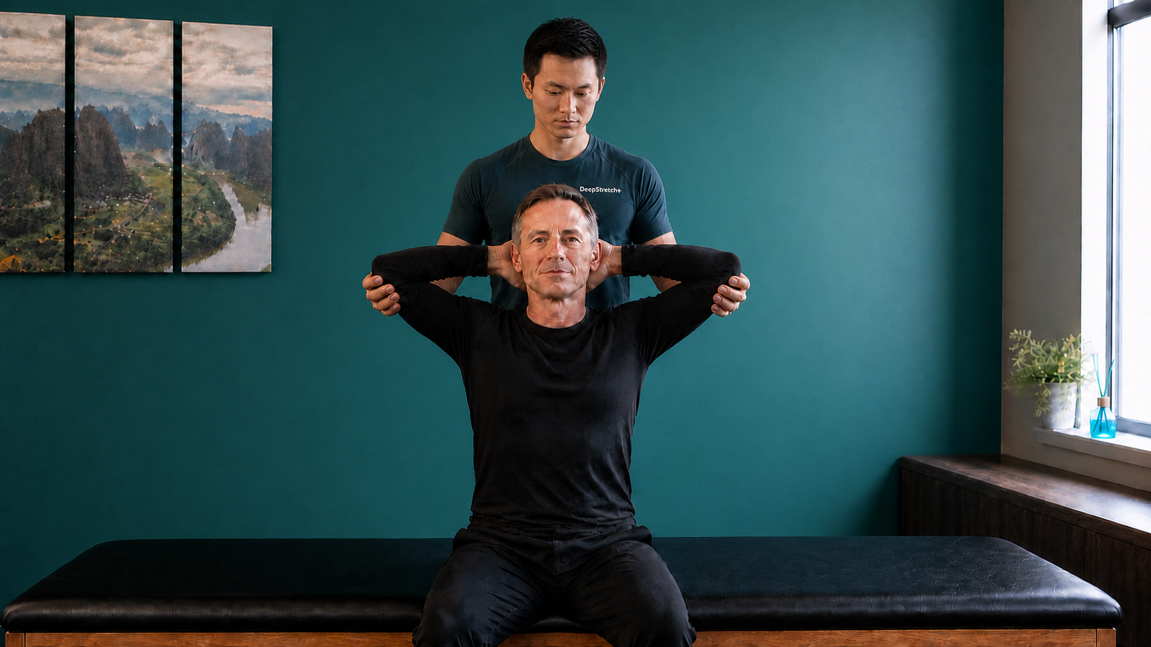 Haitao guiding a seated one-on-one assisted chest stretch in the DeepStretch+ studio